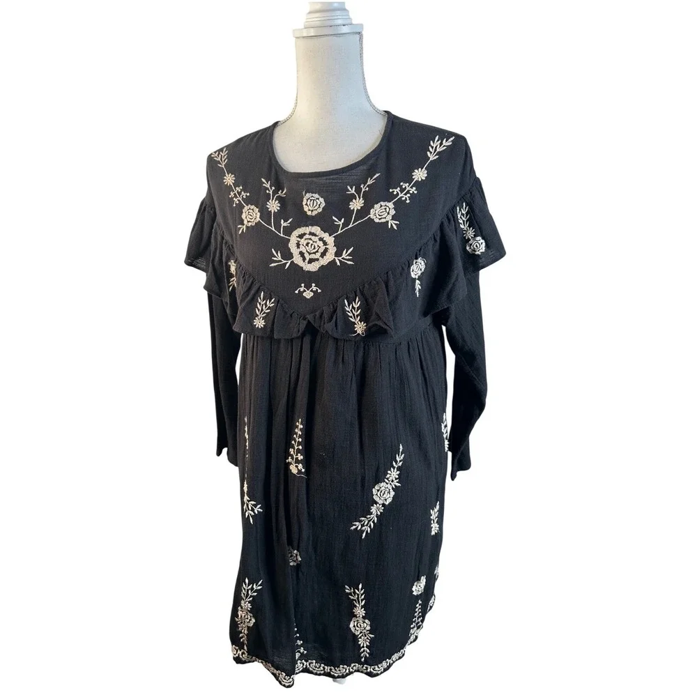 Zara Kids Dress Girls‎ Black Embroidered Floral Ruffle Long Sleeve 13-14 164cm